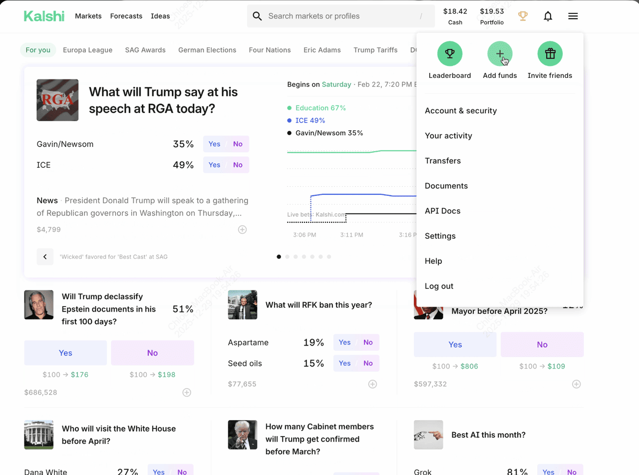 Kalshi funding options screenshot