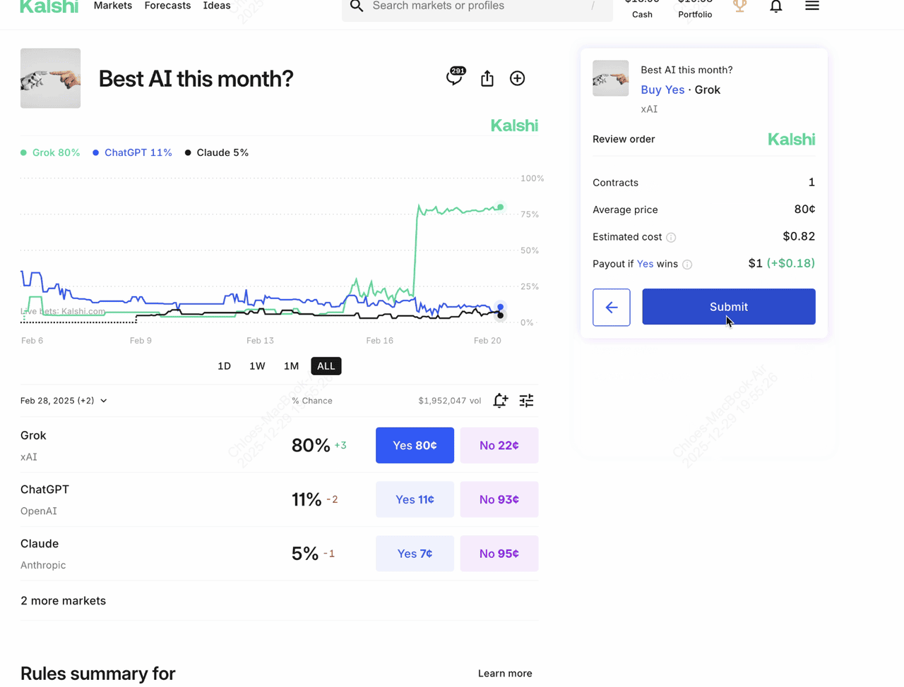 Kalshi placing a trade screenshot